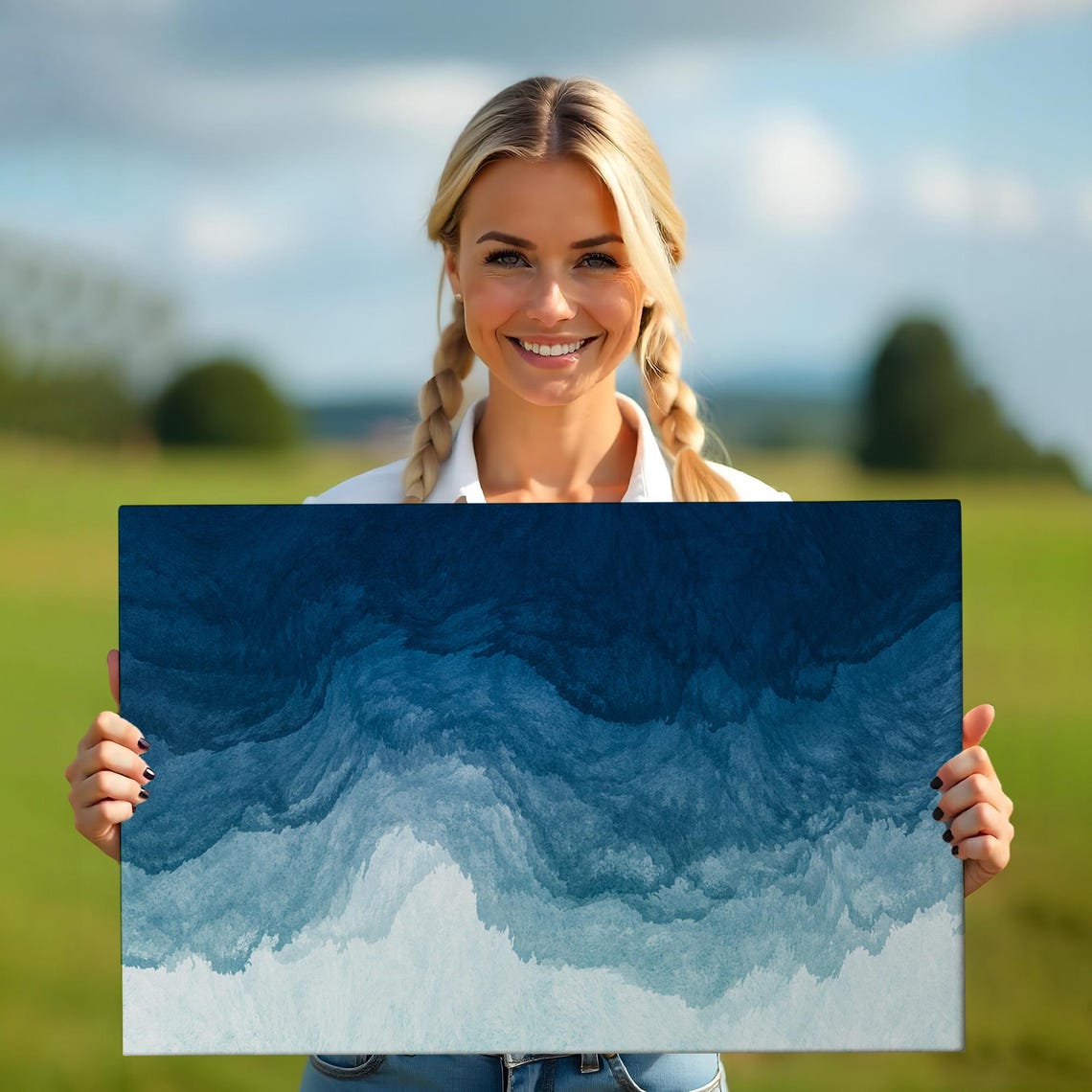 Blue Watercolor Ocean Waves Gradient Relaxing Coastal Art Poster - Image 5