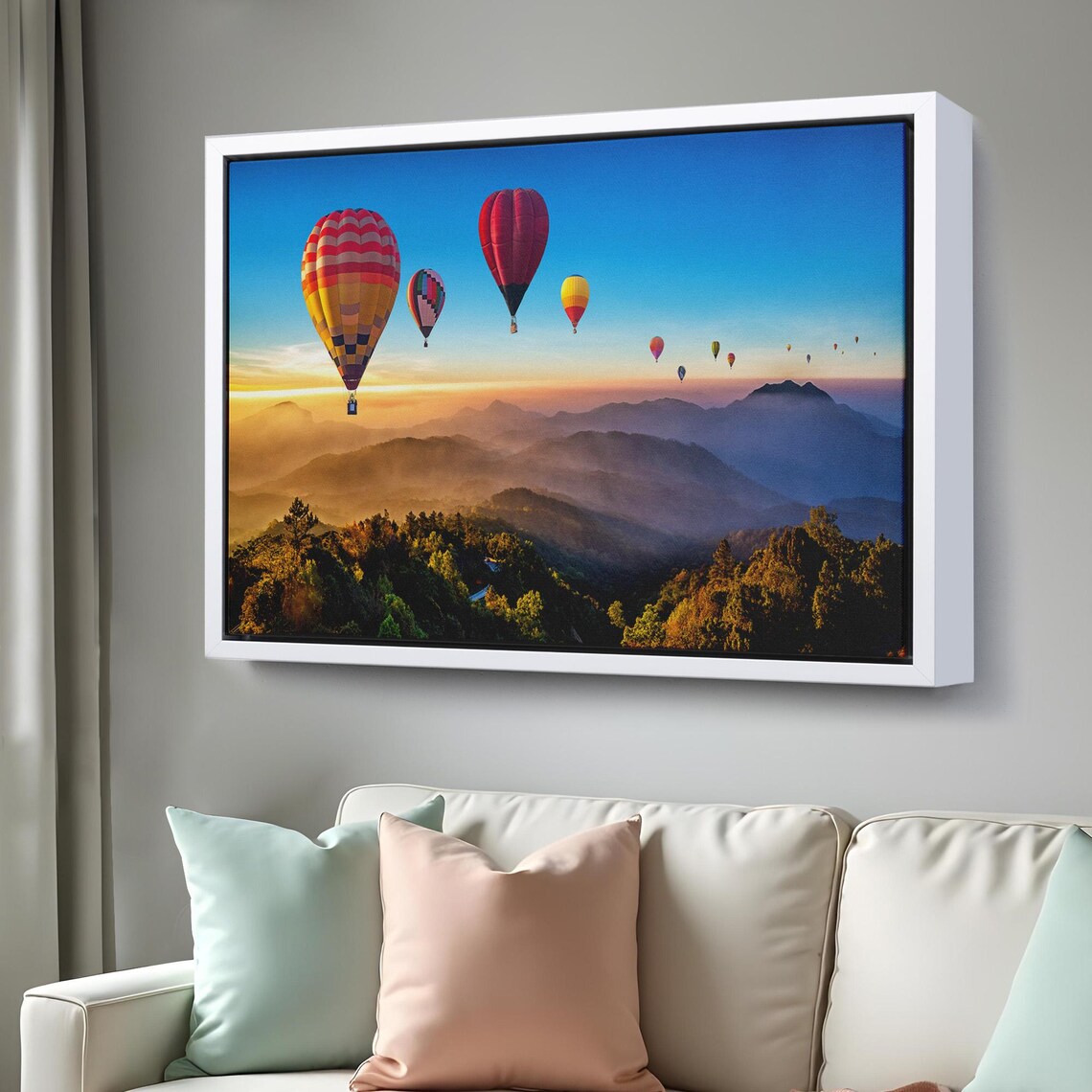Hot Air Balloons Sunrise Misty Mountains Forest Valley View Poster - Image 3