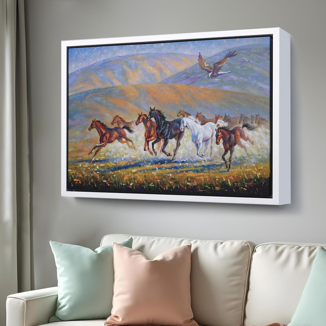 Galloping Horses Herd with Eagle Mountain Valley Oil Painting Poster - Image 3