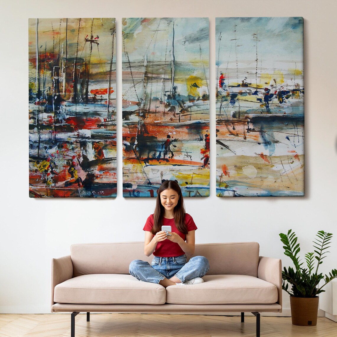Abstract Expressionist Harbor Sailboats Red Blue Oil Painting Poster - Image 2
