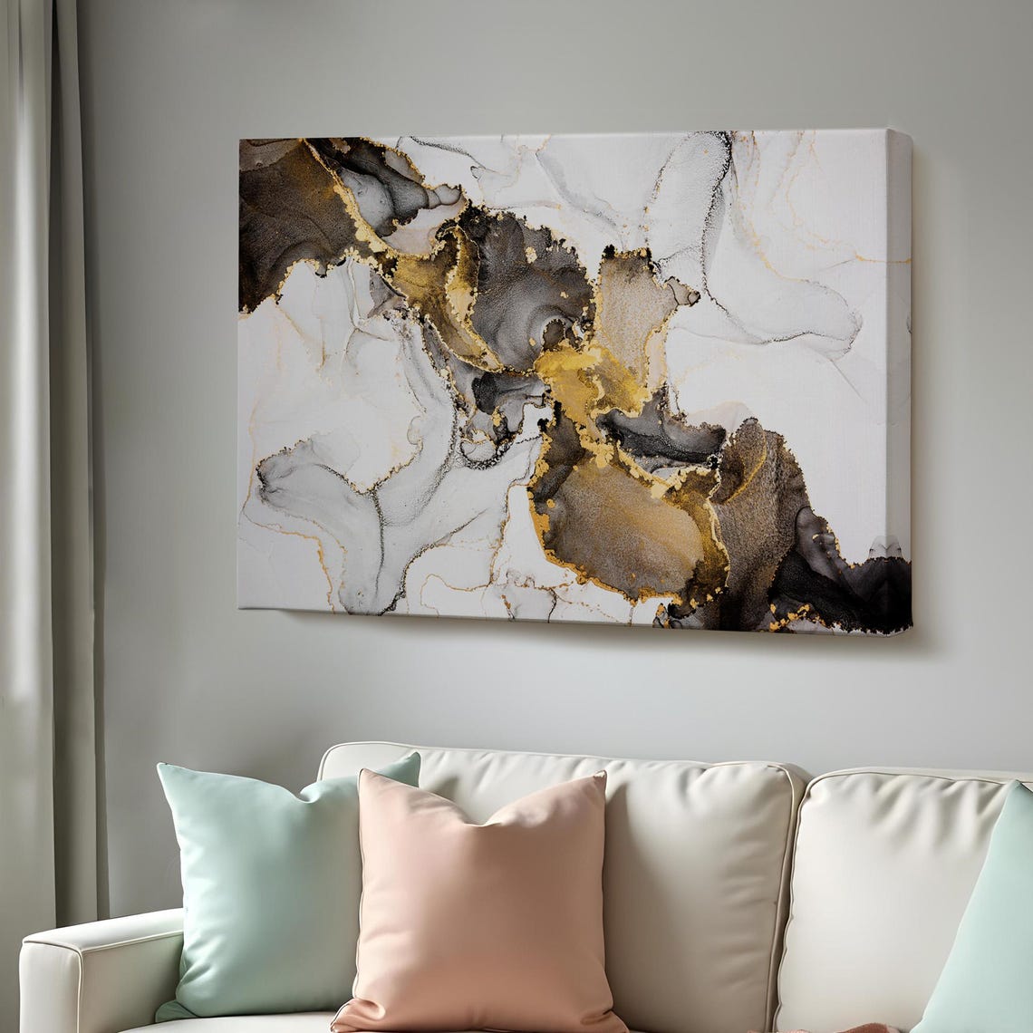 Gray Black White Marble Gold Veins Abstract Luxury Art Poster
