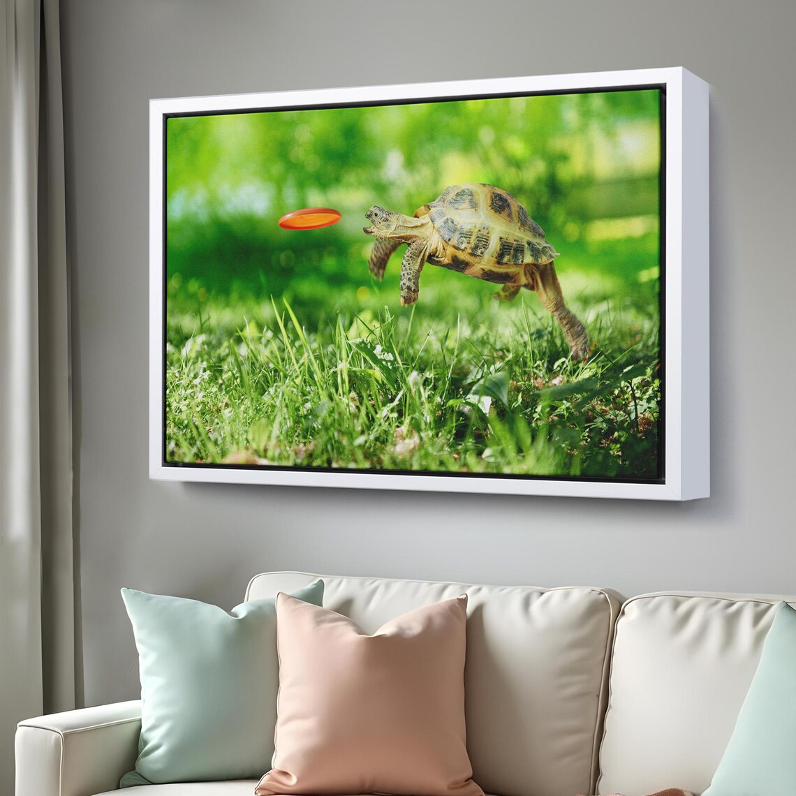 Funny Tortoise Jumping To Catch Orange Frisbee Green Grass Photo Poster - Image 3