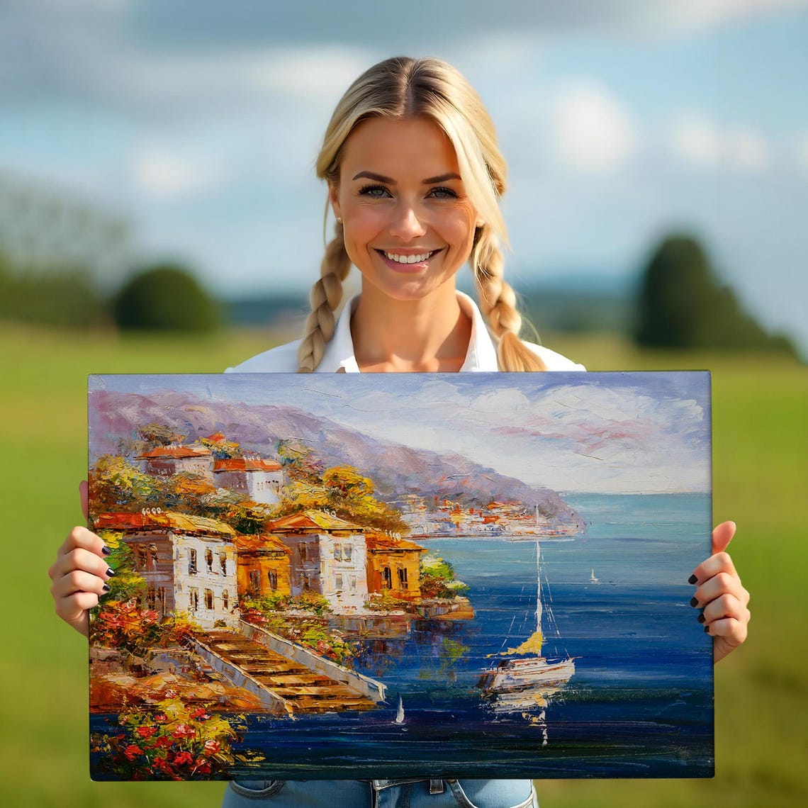 Mediterranean Harbor Hillside Village Sailboat Blue Sea View Poster - Image 5