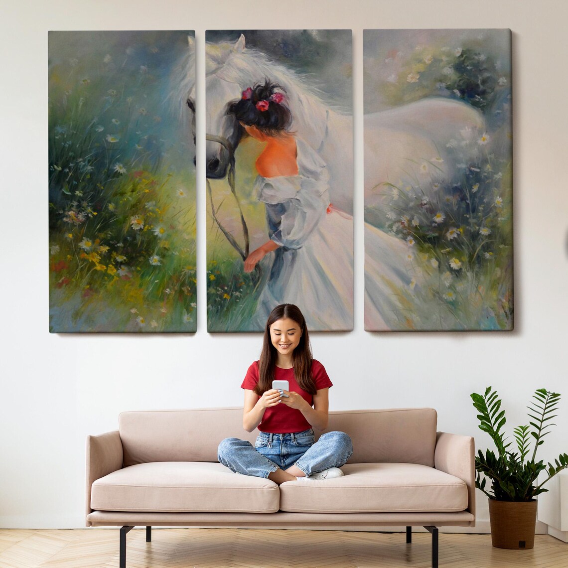 Girl With White Horse Wildflower Meadow Dreamy Oil Painting Poster - Image 2