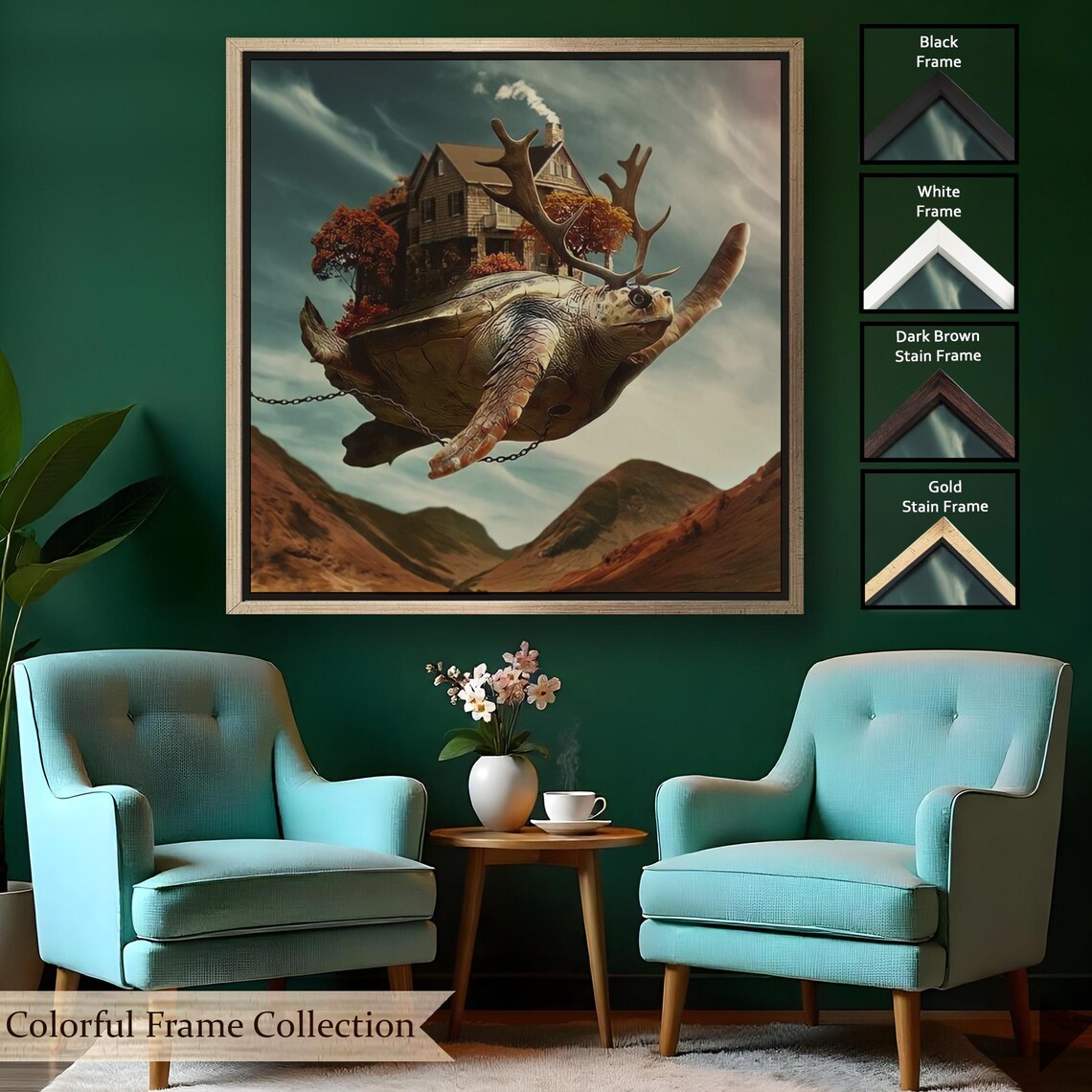 Surreal Flying Turtle Carrying House Over Mountains Art Poster - Image 2