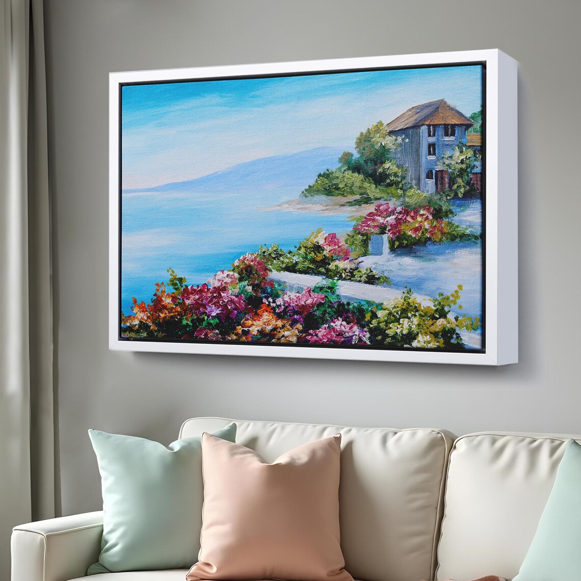 Seaside Villa Vibrant Flower Garden Blue Ocean Coastal Painting Poster - Image 3