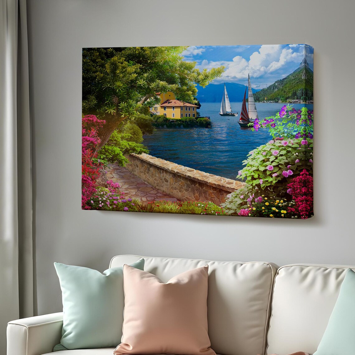 Lakeside Villa Terrace Flower Path Sailboats Mountain View Poster