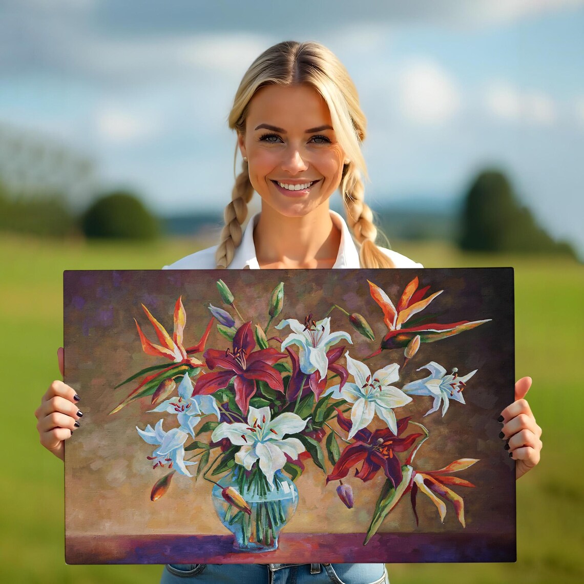 Lily Bouquet White Red Blossoms Glass Vase Oil Painting Wall Art - Image 5