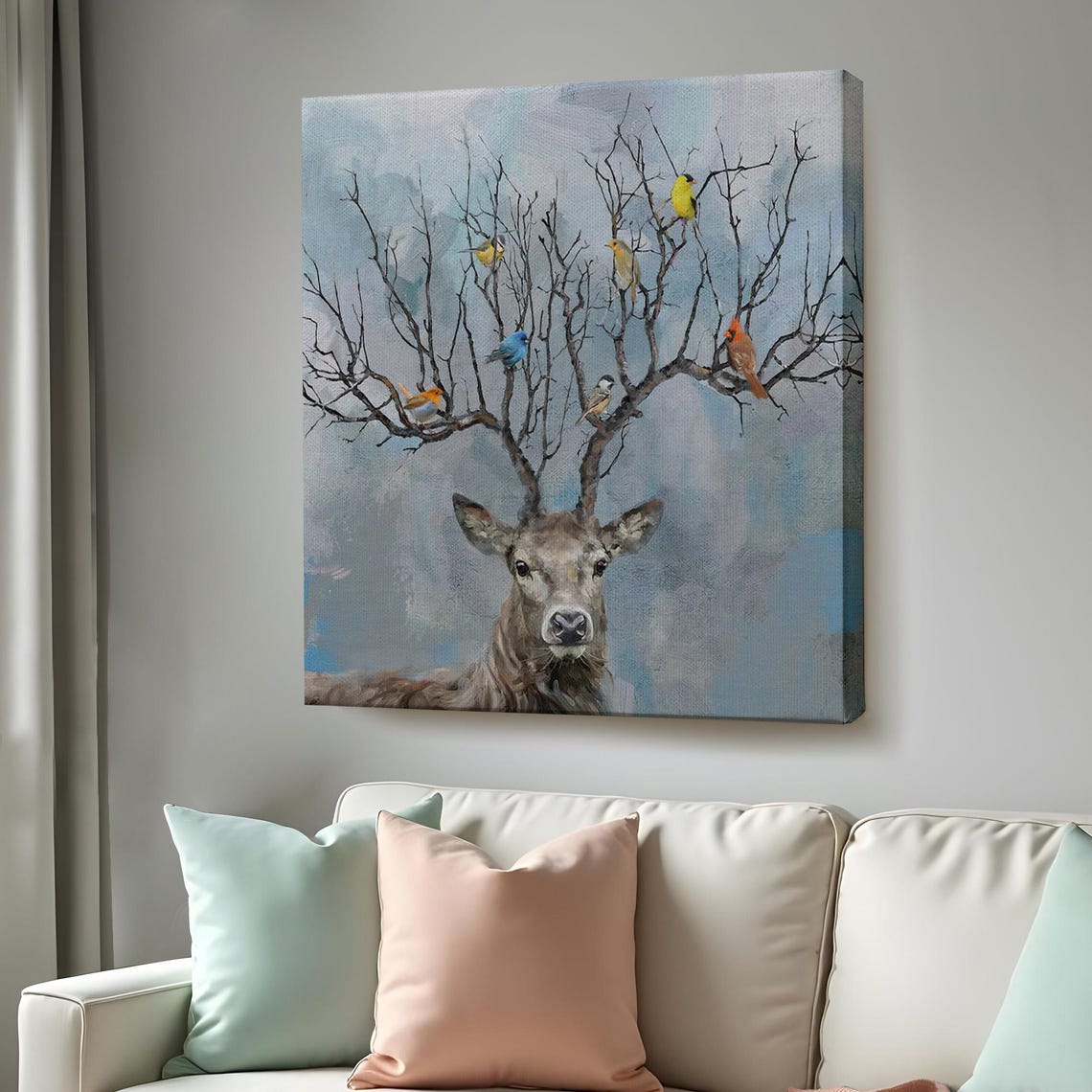 Deer Antler Tree Branches Colorful Birds Whimsical Art Poster