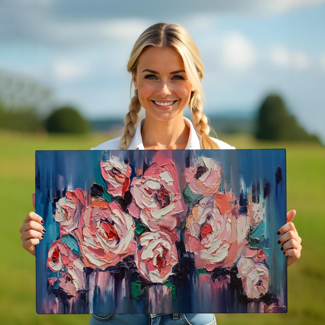 Pink Peony Bouquet Impasto Oil Painting Blue Background Wall Art - Image 5