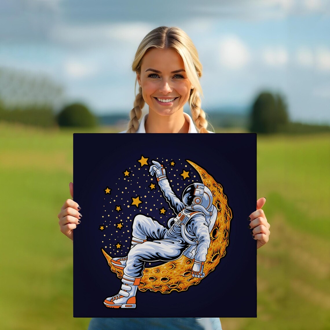 Astronaut Resting on Crescent Moon Stars Dreamy Space Illustration Poster - Image 5