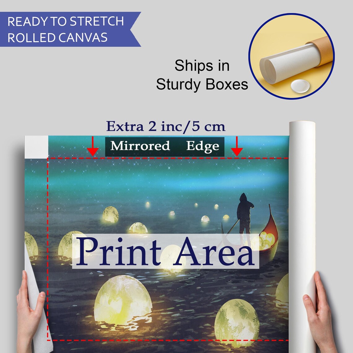 Man Collecting Glowing Moons On Starry Night Sea Fantasy Wall Art Poster - Image 4