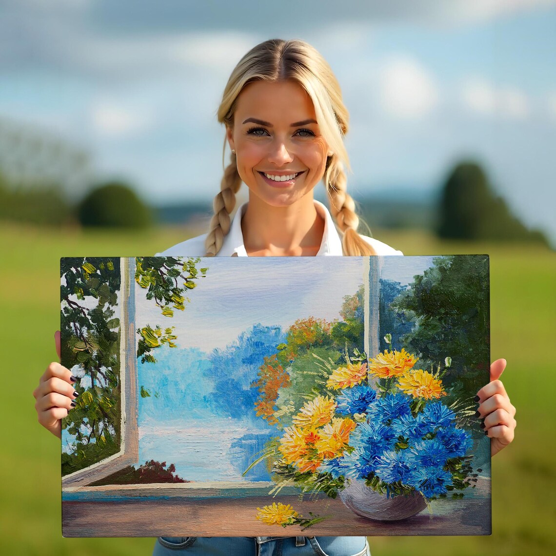 Flower Bouquet Blue Yellow Blossoms Window Sill Oil Painting Poster - Image 5