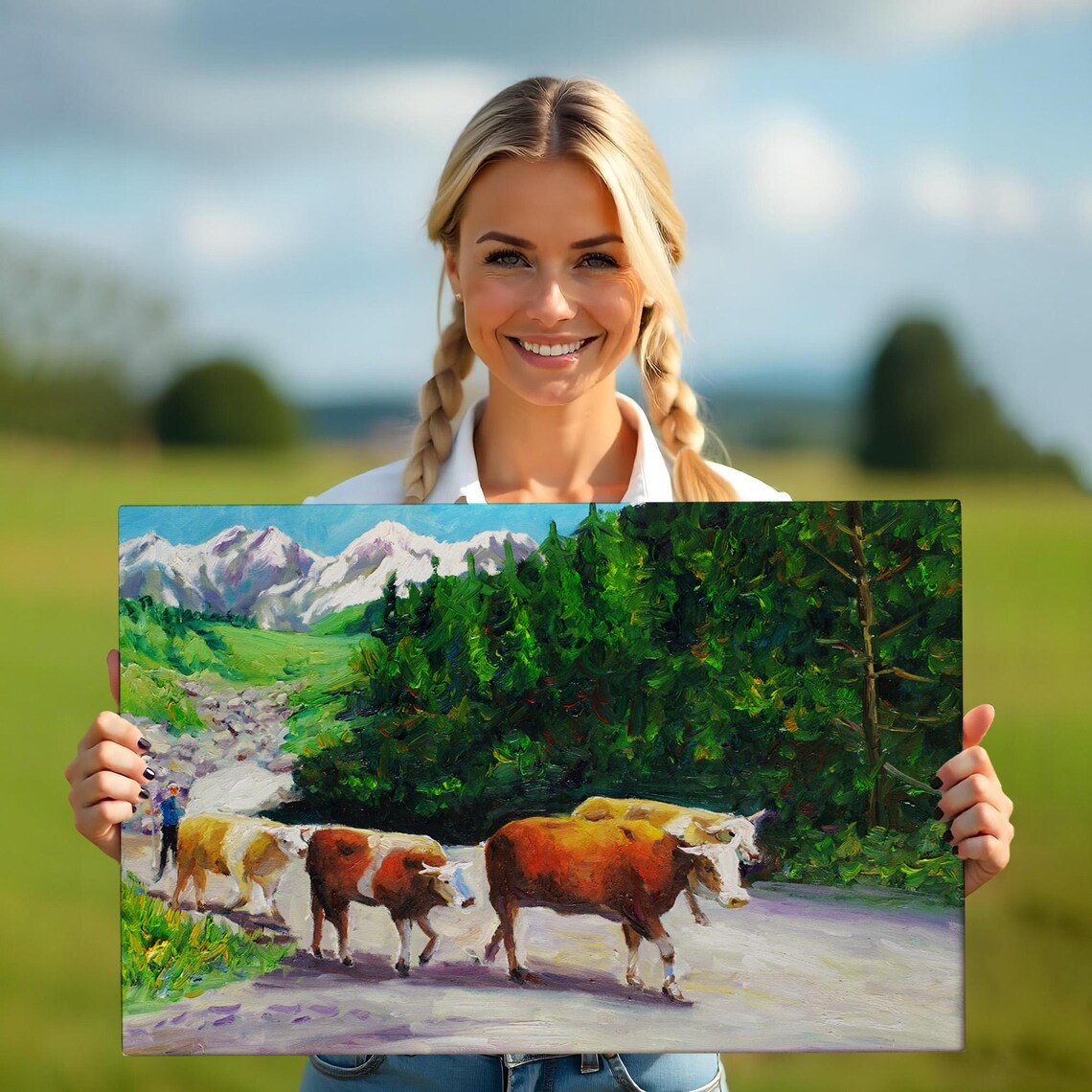 Alpine Cows Grazing Mountain Pasture Snow Peaks Oil Painting Poster - Image 5