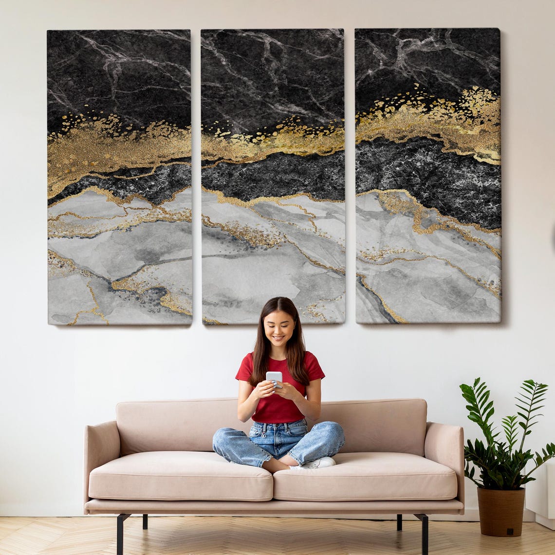 Black White Marble Gold Glitter Layers Abstract Modern Art Poster - Image 2