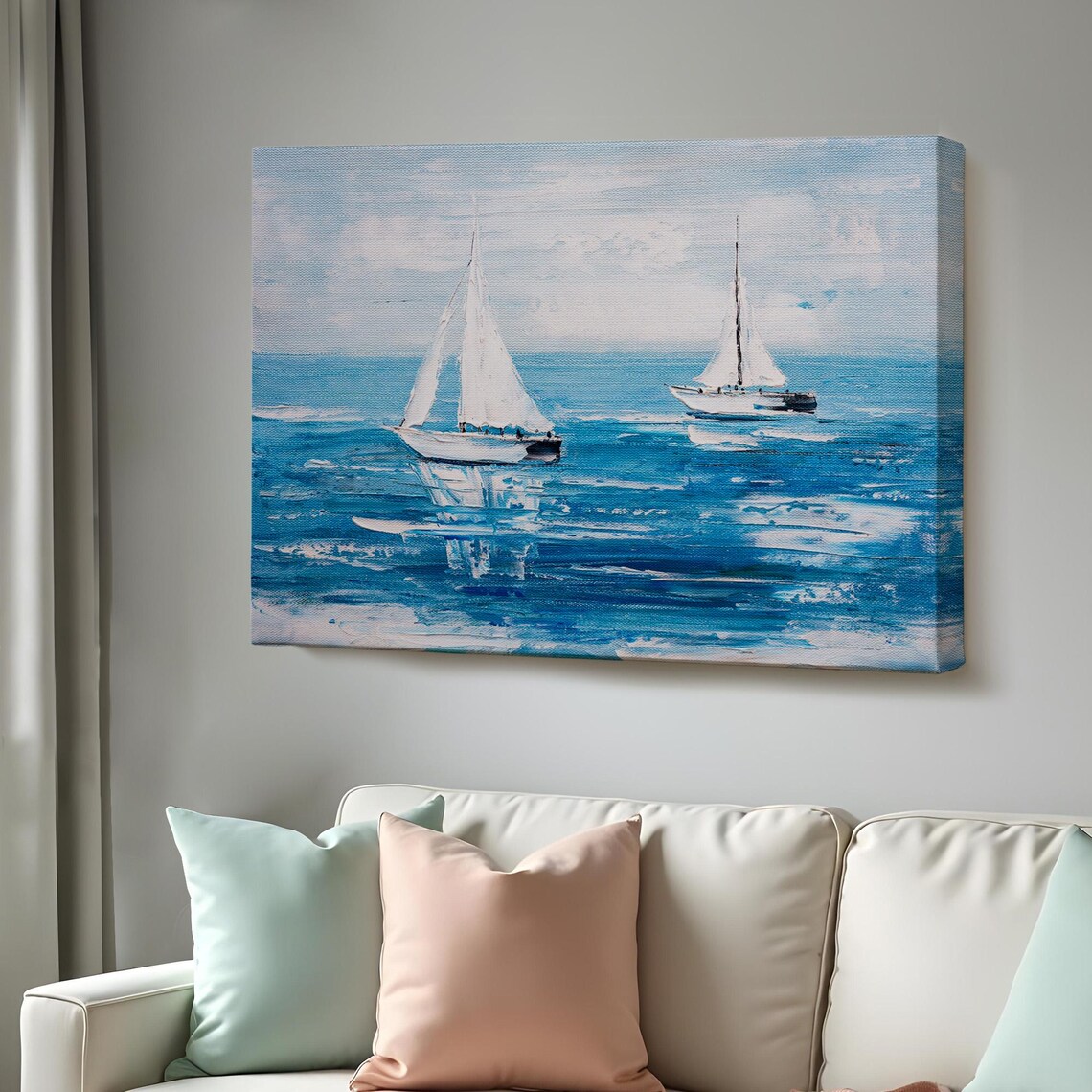 White Sailboats Blue Sea Summer Sailing Seascape Oil Painting Poster