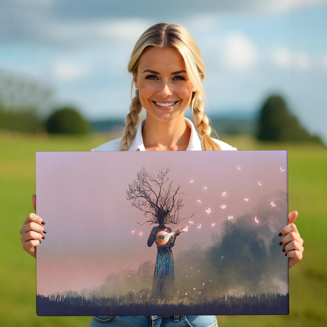 Surreal Tree Head Woman Playing Lute Butterflies Dreamy Fantasy Art Poster - Image 5