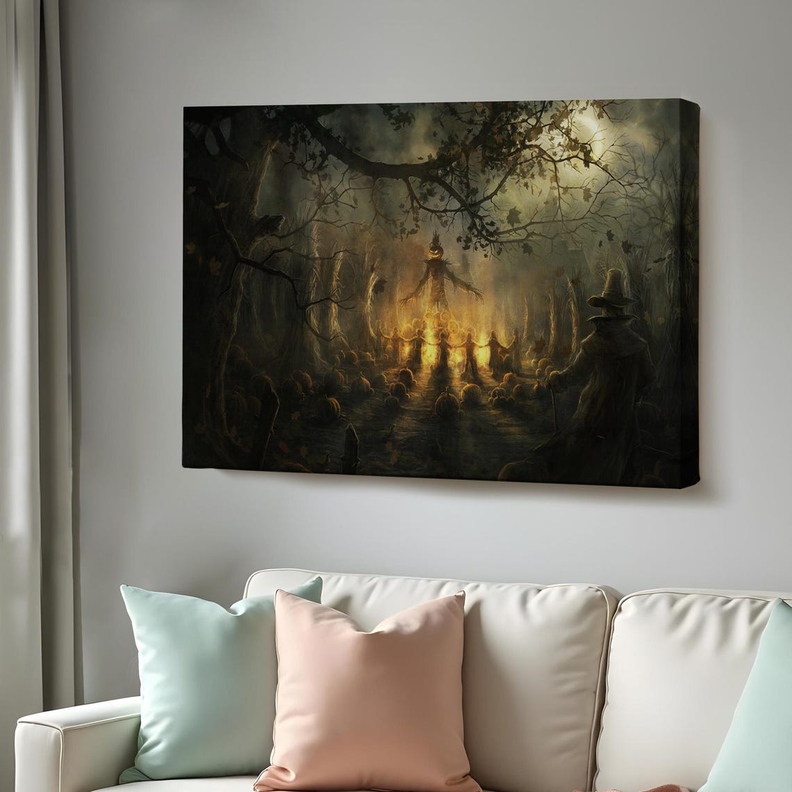 Haunted Scarecrow Halloween Night Dark Forest Pumpkins Art Poster