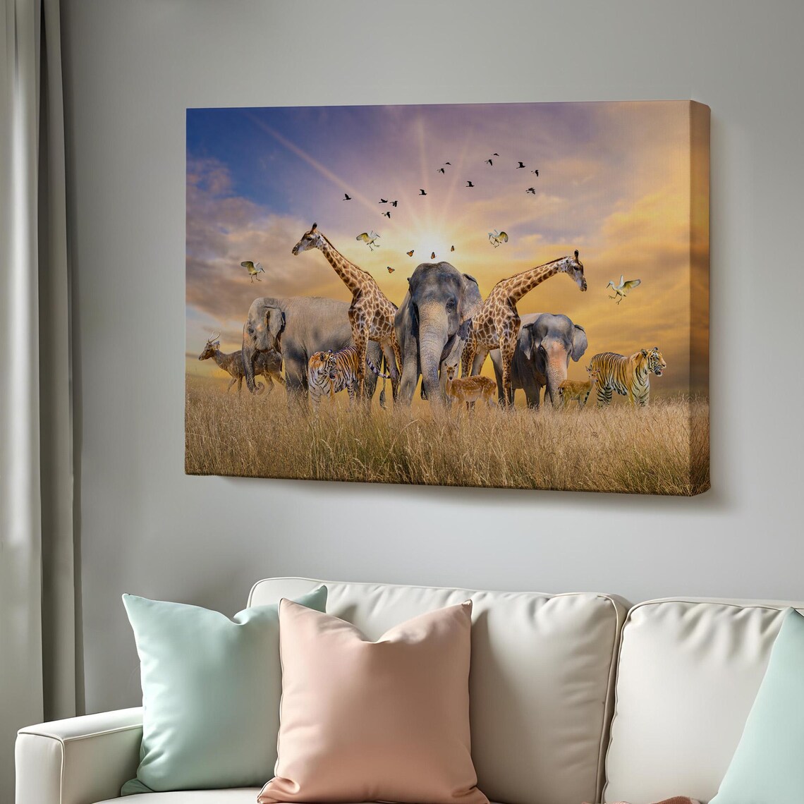 African Savanna Elephants Giraffes Tigers Sunset Wildlife Poster