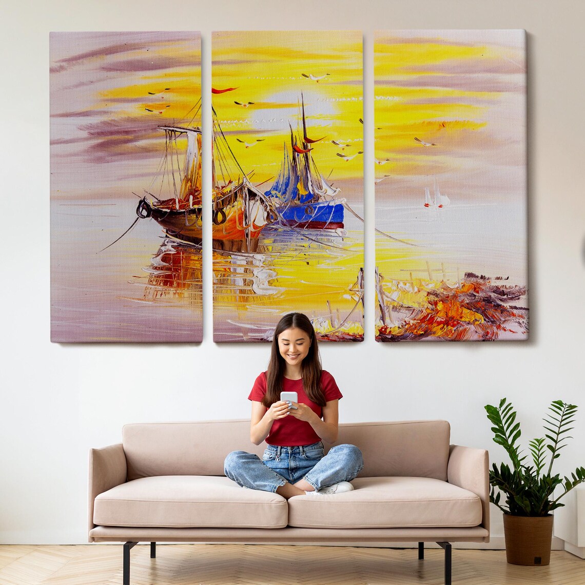 Two Sailboats At Golden Sunset Calm Sea Oil Painting Marine Wall Art - Image 2