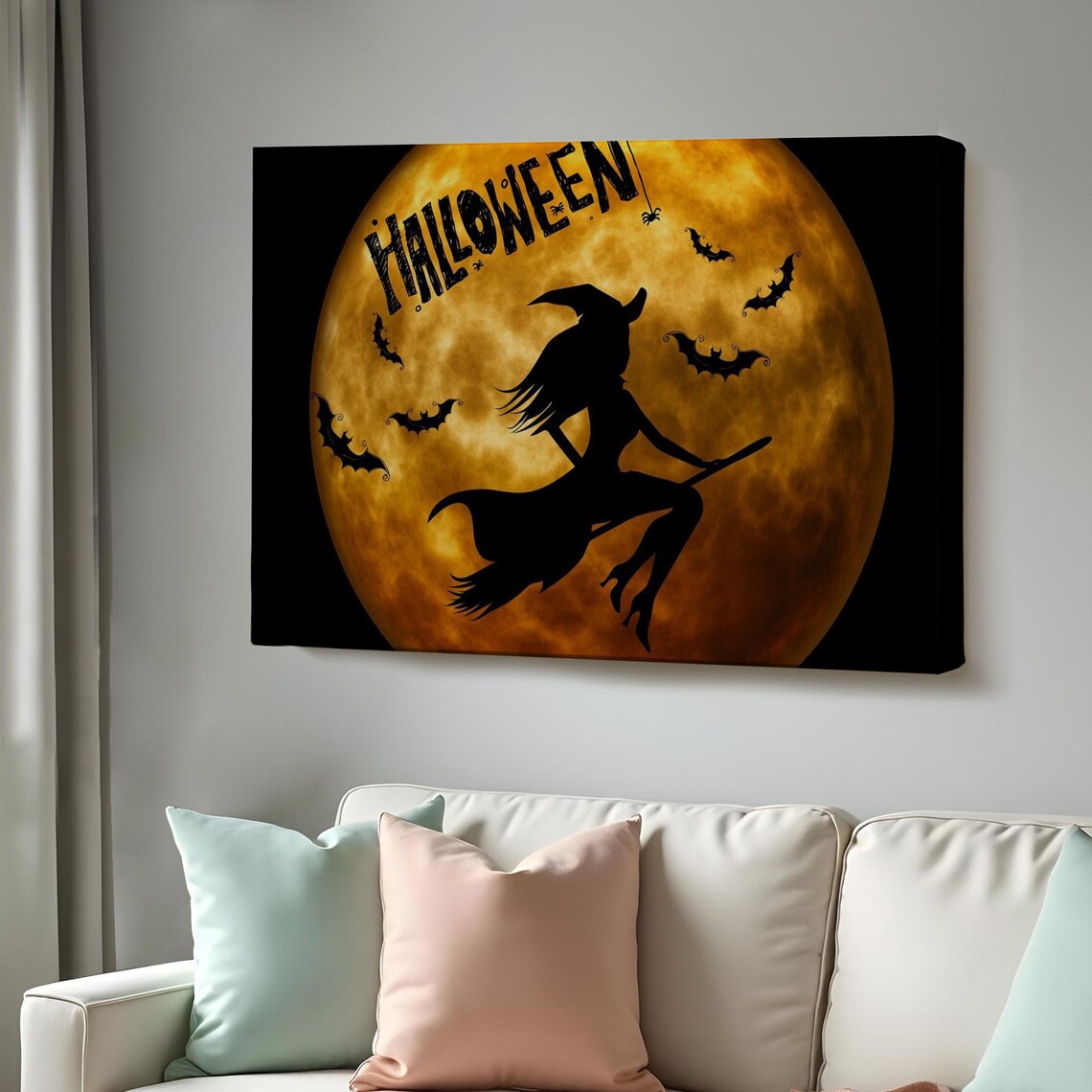 Halloween Witch Flying Broom Full Moon Bats Spooky Night Sky Wall Art Poster