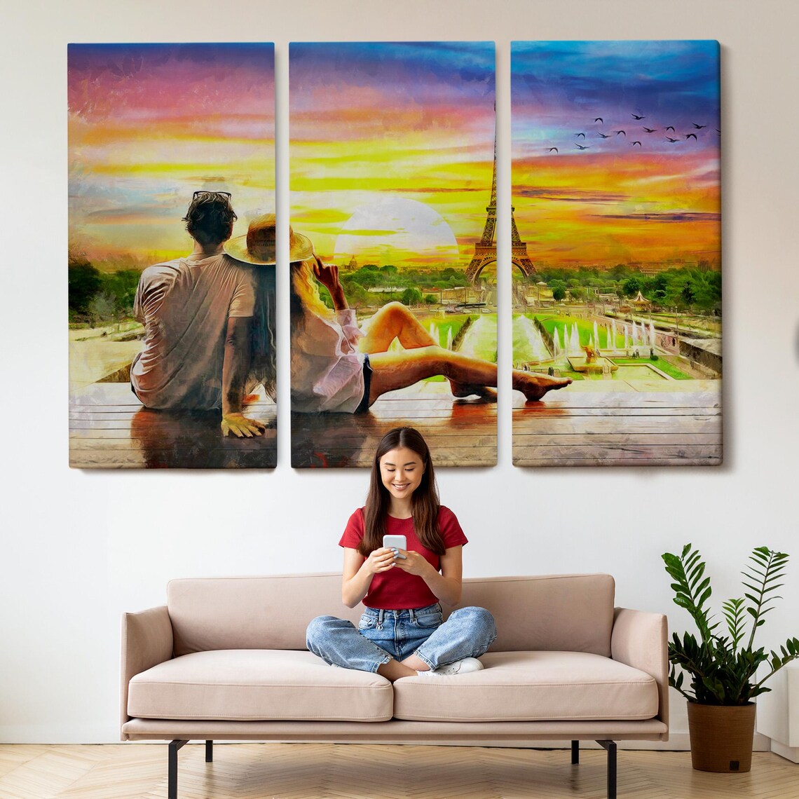 Paris Eiffel Tower Sunset Romantic Couple Overlook Painting Poster - Image 2