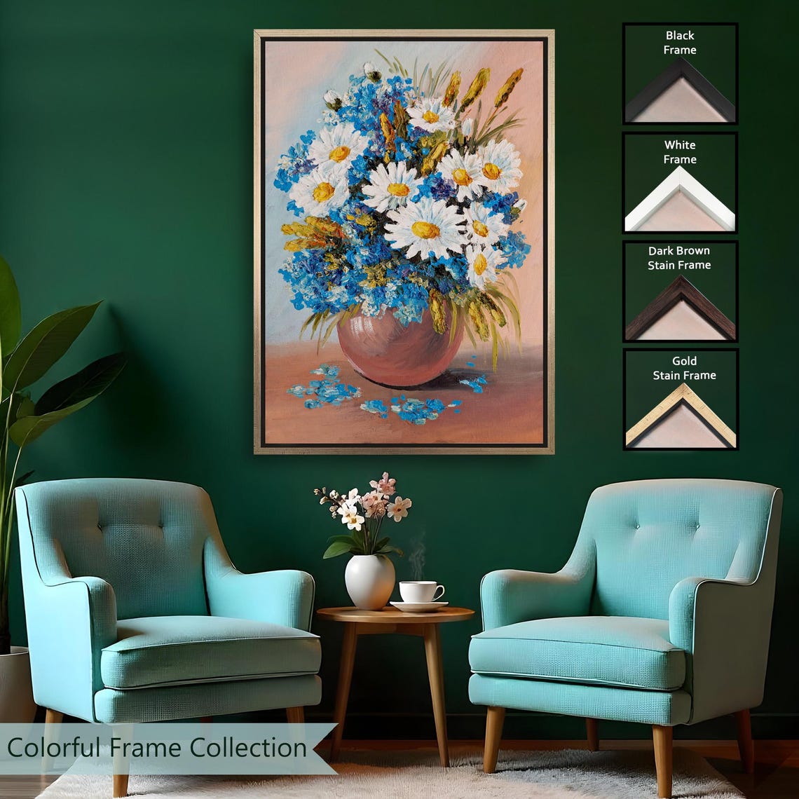 White Daisies Blue Cornflowers Terracotta Vase Still Life Art Poster - Image 2