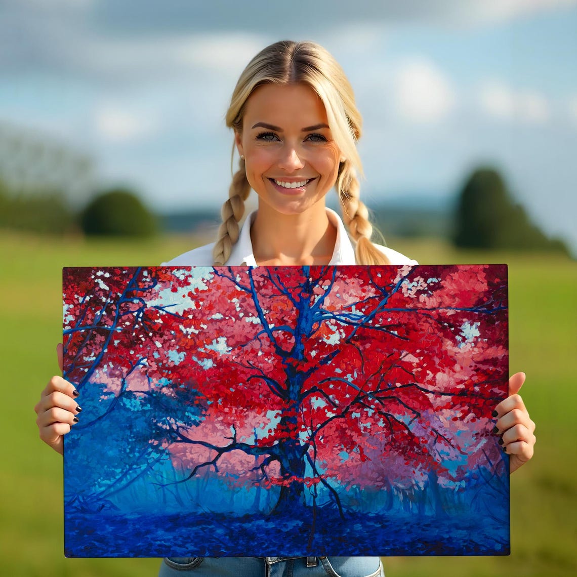 Crimson Autumn Tree Blue Forest Bold Color Contrast Nature Art Poster - Image 5