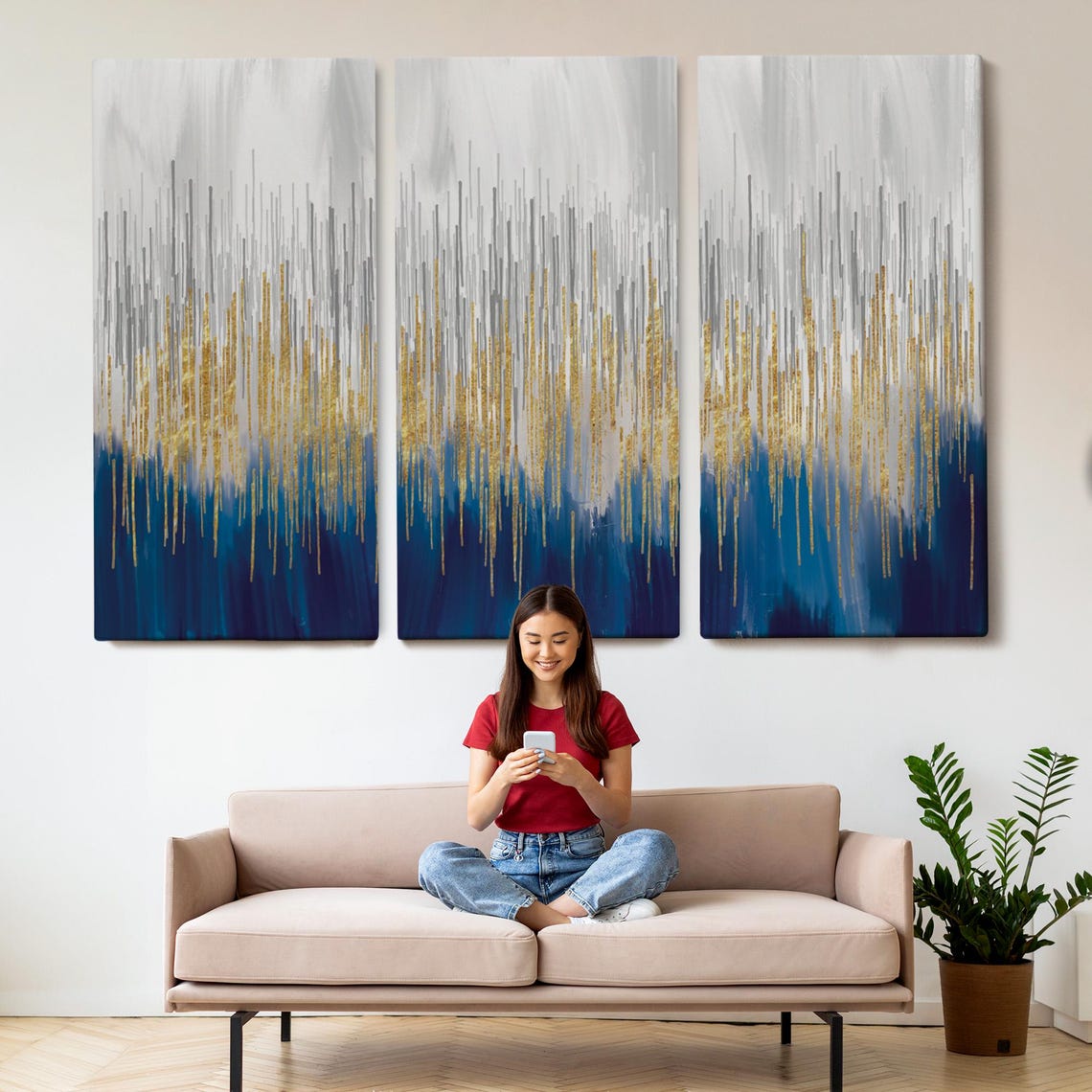Abstract Navy Blue Gold Gray Drip Modern Minimalist Art Poster - Image 2