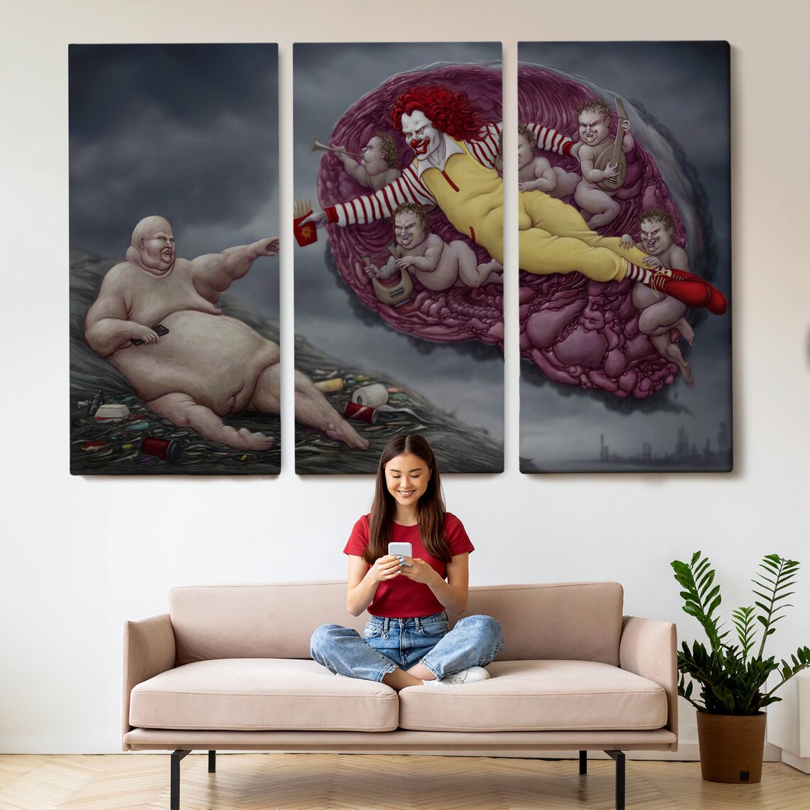 Painting Highlighting The Capitalism Of The Era With The Theme Of Adams Gods Hand Large Wall Art Religious Print - Image 2