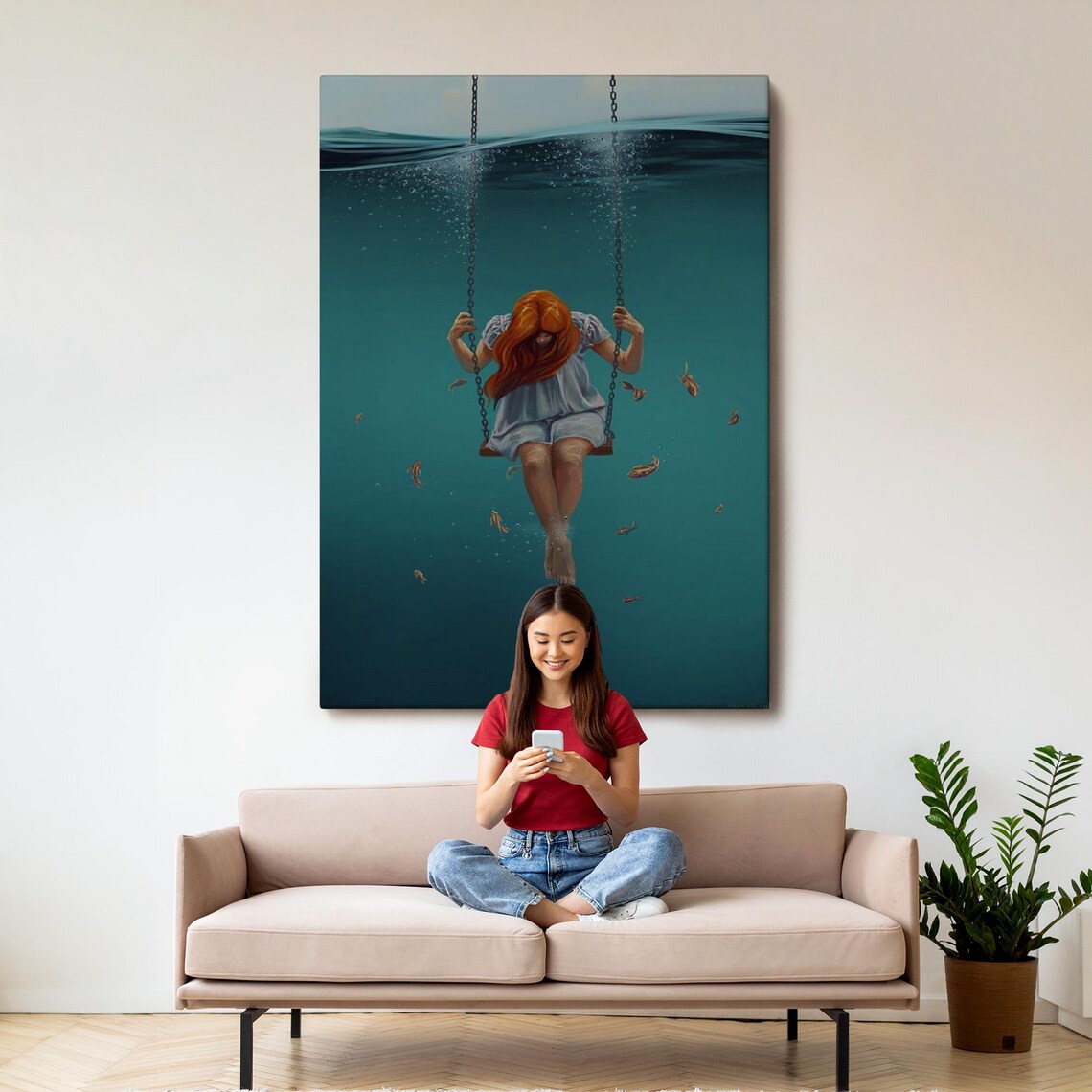 Girl Swinging Underwater Beneath The Waves Surreal Ocean Dream Print - Image 3