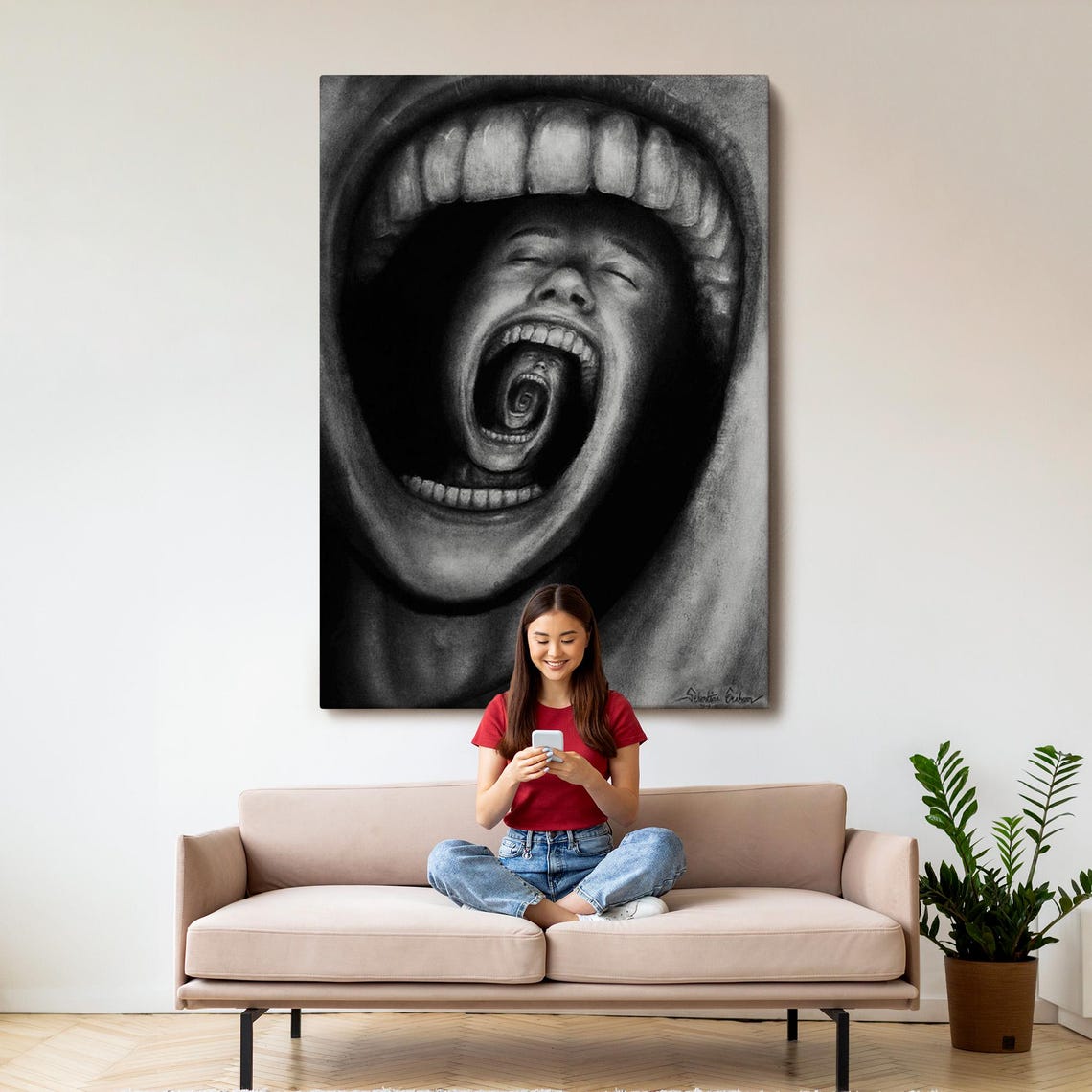 Surreal Screaming Mouth Infinite Spiral Charcoal Dark Art Poster - Image 3