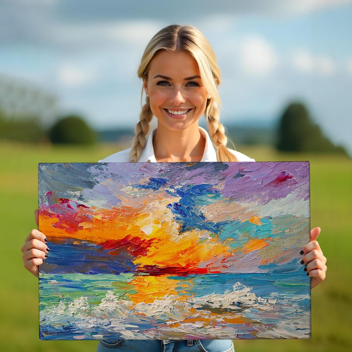 Sunset Over Ocean Waves Orange Sun Abstract Impasto Sea Poster - Image 5