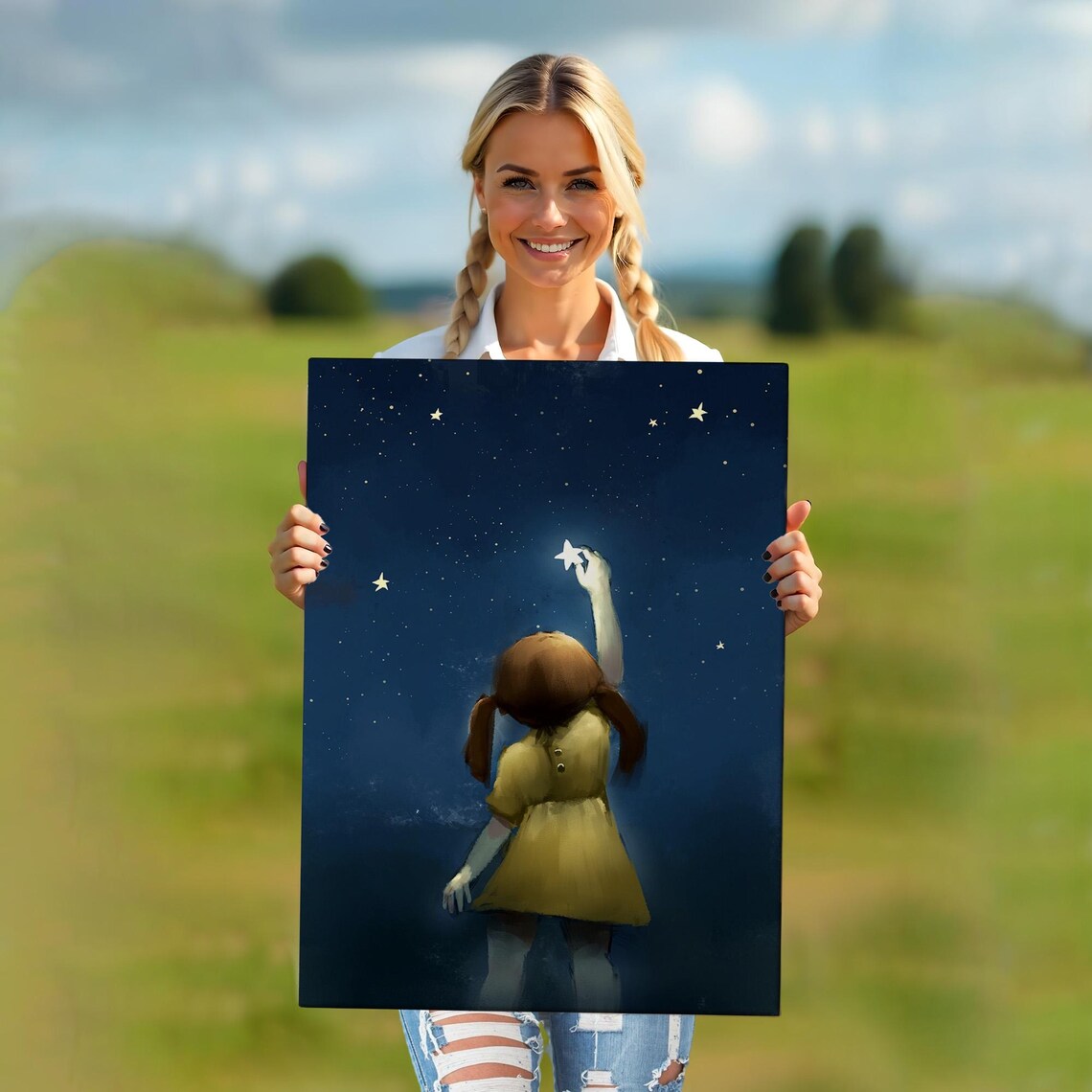 Little Girl Reaching For A Star In The Night Sky Painting Wall Art - Image 5