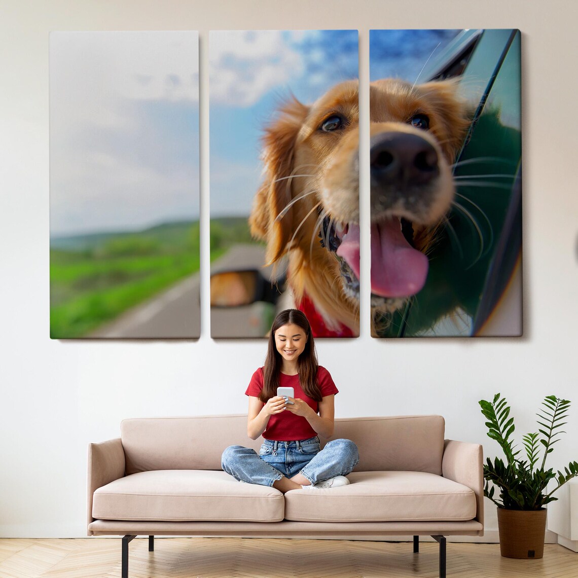 Happy Golden Retriever Head Out Car Window Road Trip Photo Poster - Image 2