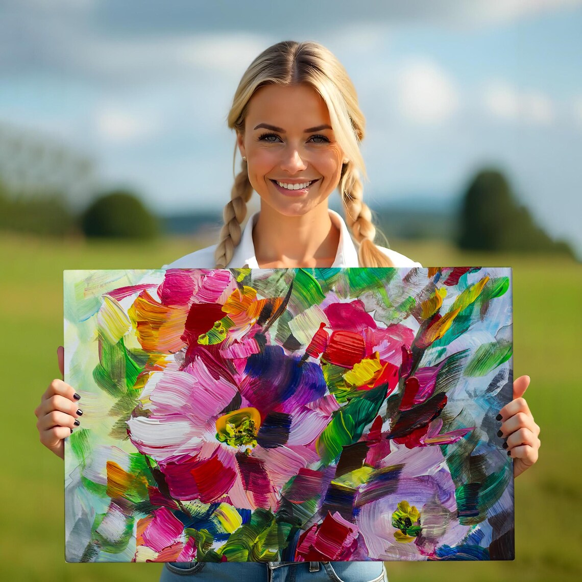 Abstract Pink Bloom Colorful Floral Impasto Oil Painting Wall Art - Image 5