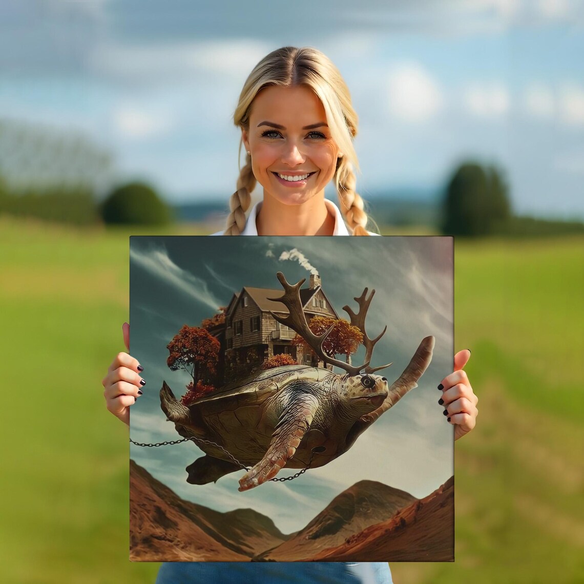 Surreal Flying Turtle Carrying House Over Mountains Art Poster - Image 5