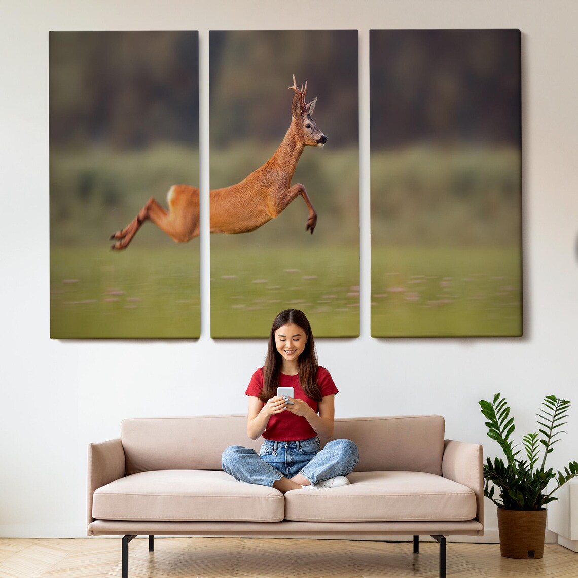 Leaping Roe Deer Buck Wildlife Meadow Action Photography Wall Art - Image 2