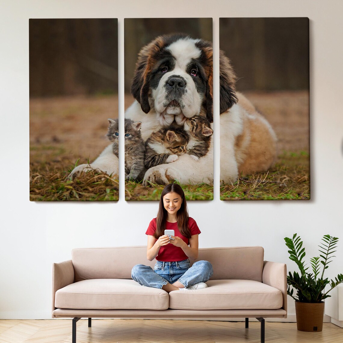 Saint Bernard Dog Cuddling Three Tiny Kittens Adorable Pets Photo Poster - Image 2