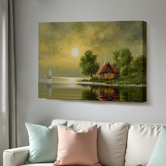 Cottage By The Lake Oil Painting Style Decorative Wall Art Nature Wall Decor Nature Print Nature Decor