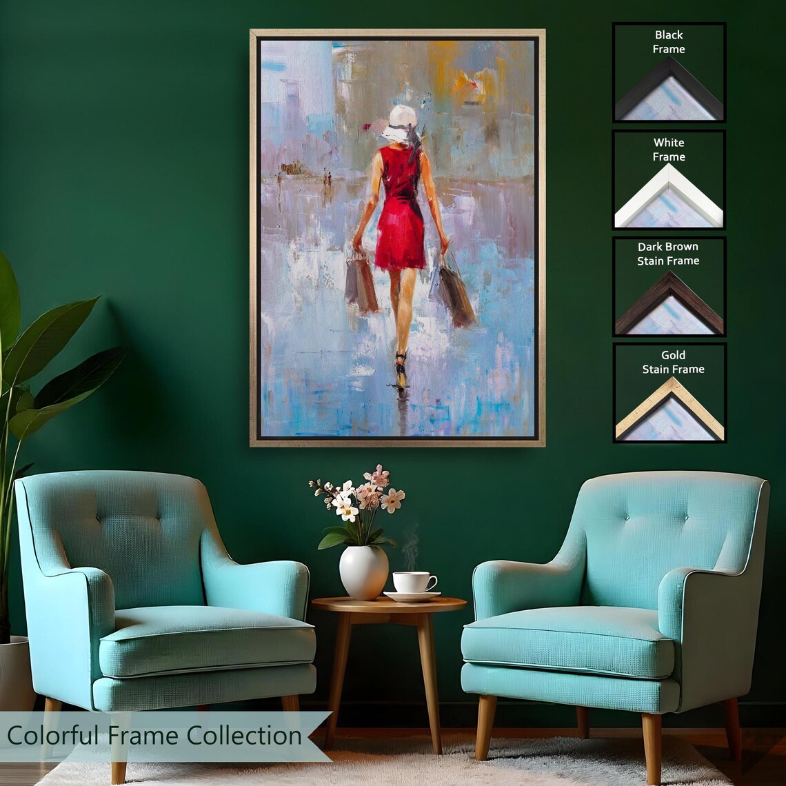 Woman in Red Dress Walking Away Oil Painting Style Modern Figurative Wall Poster - Image 2