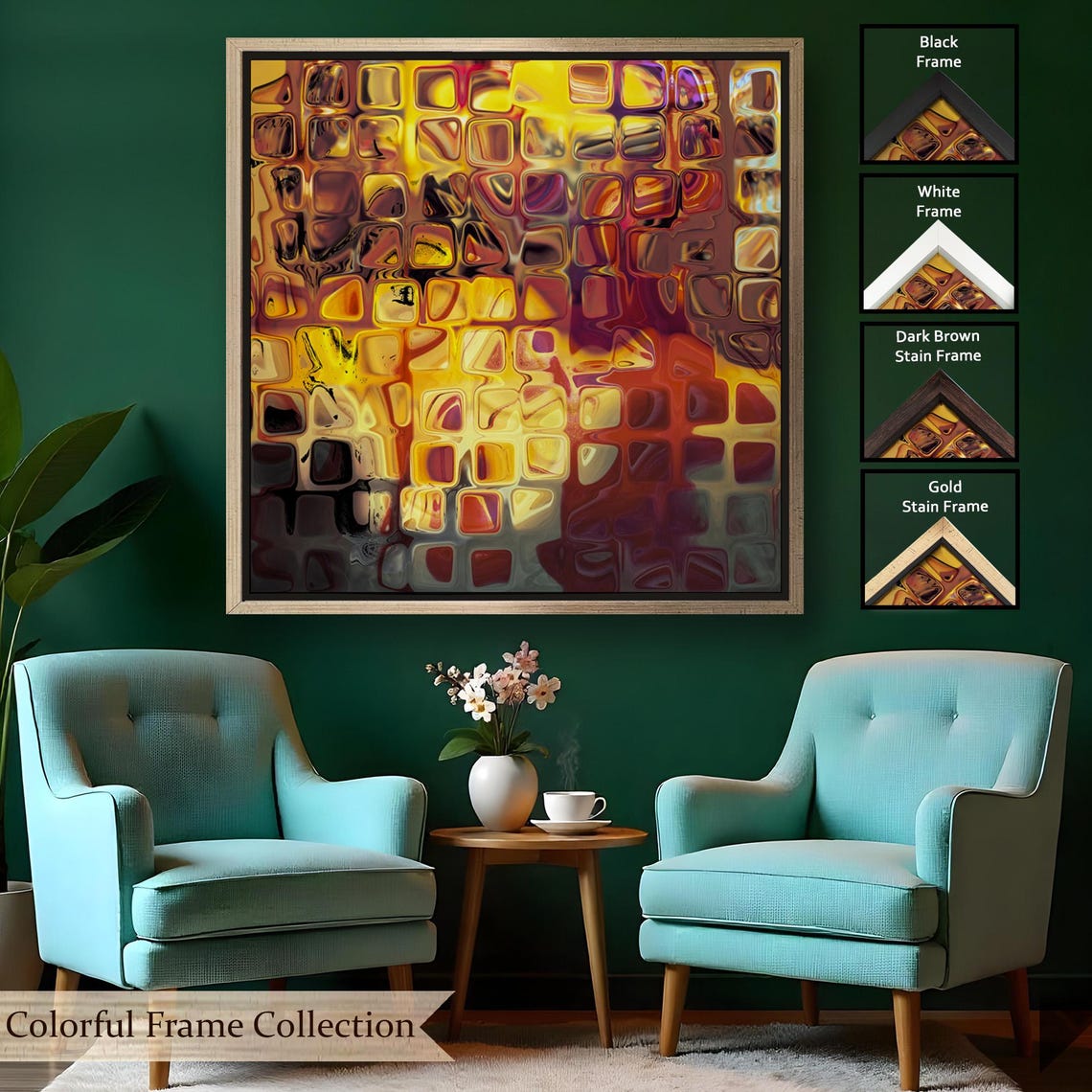 Amber Gold Glass Squares Abstract Warm Tones Geometric Mosaic Wall Art - Image 2