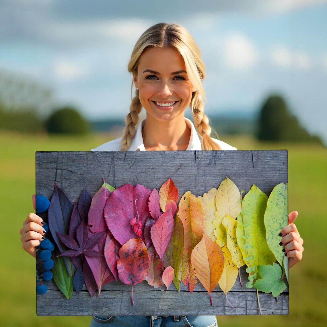 Rainbow Autumn Leaves Gradient Arrangement Rustic Wood Photo Poster - Image 5
