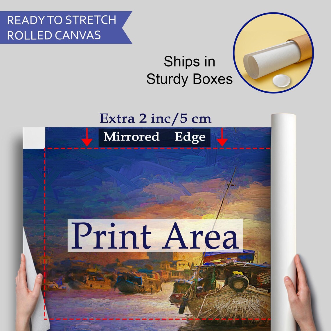 Colorful Floating Market Sunset Painting Woven Boats River Poster - Image 4