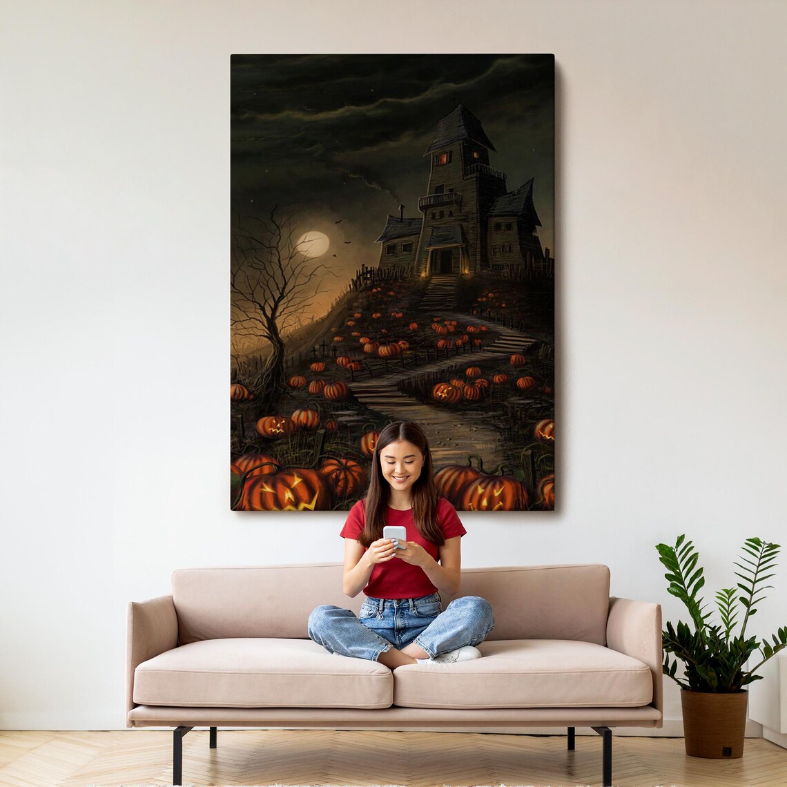 Haunted House On Hill Jack O Lanterns Halloween Night Spooky Wall Art - Image 3