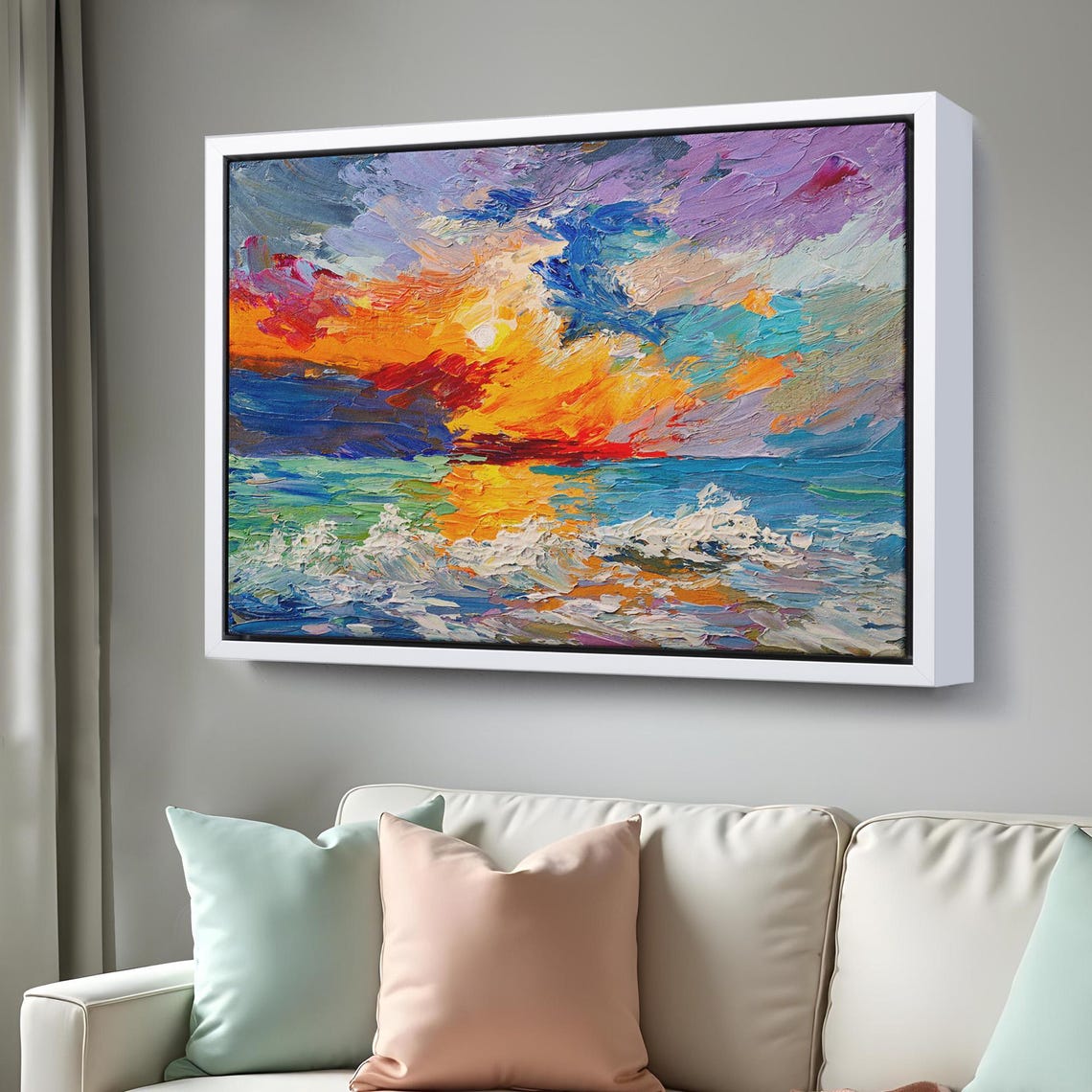 Sunset Over Ocean Waves Orange Sun Abstract Impasto Sea Poster - Image 3