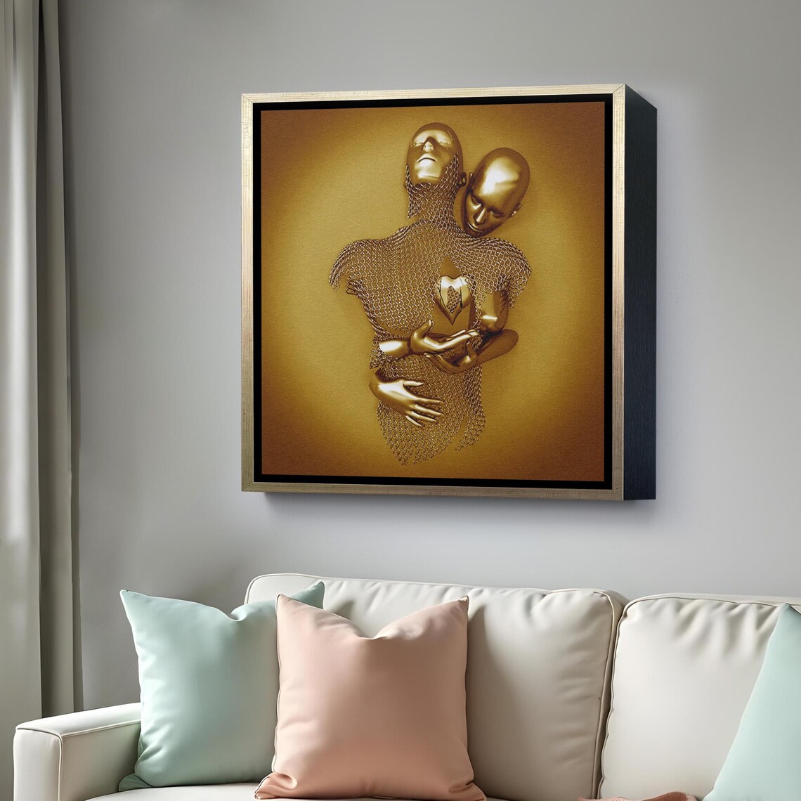 Golden Couple Embrace 3D Love Heart Surreal Romance Art Poster - Image 4