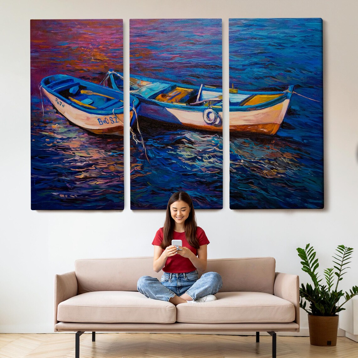 Two White Fishing Boats on Deep Blue Sea Sunset Reflection Art Poster - Image 2