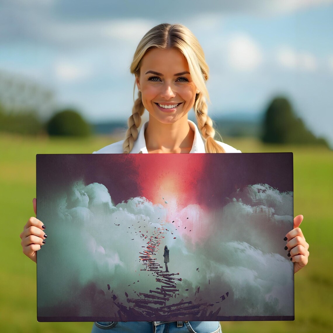 Girl Climbing Broken Ladder To Sky Clouds Surreal Dream Art Poster - Image 5