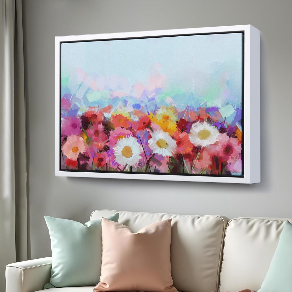 Colorful Daisy Field White Pink Blooms Pastel Sky Floral Art Poster - Image 3